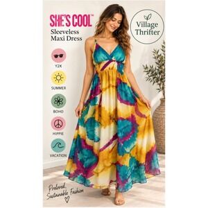 She's Cool Maxi Dress Womens L Teal Yellow Tropical Tie Dye Boho Y2K Sleeveless